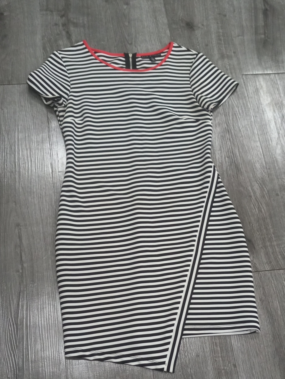 City Studio Black & White Striped Asymmetrical Dress with Coral Trim